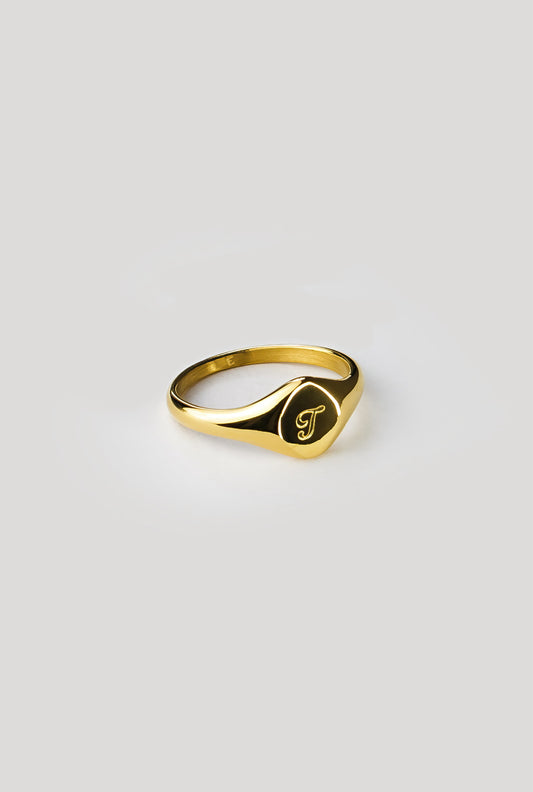 T Gold Signet Ring