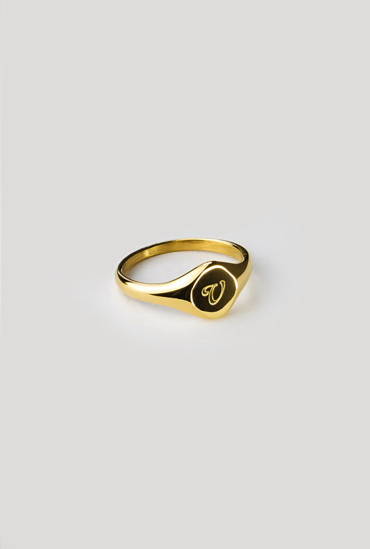 V Gold Signet Ring